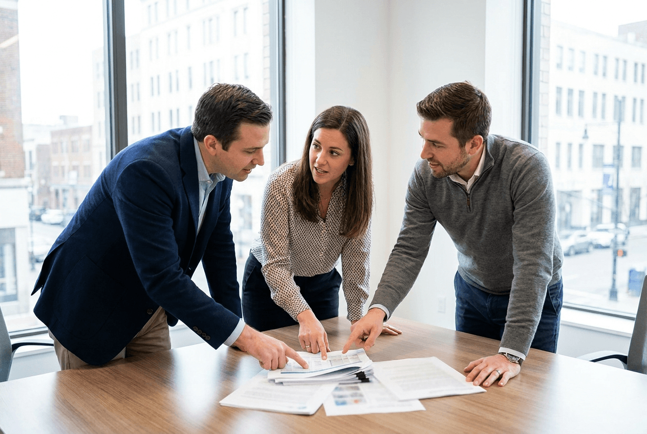 An advisor walking a client through the ranked evaluation findings.