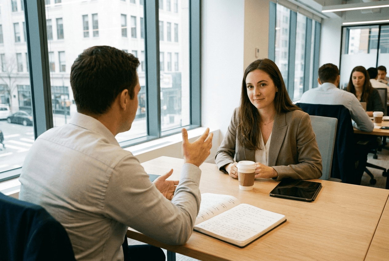 Two business professionals in a structured interview, the way the evaluation gathers its context.
