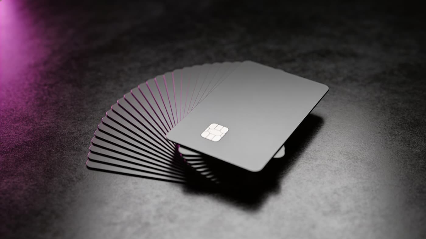 A fanned stack of blank plastic cards on a dark surface.