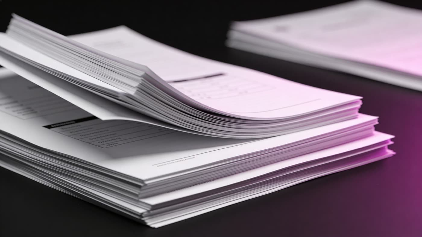 A neat stack of paper documents on a dark surface.