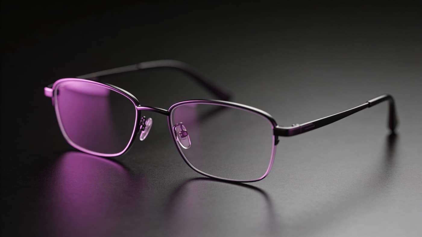 A pair of modern eyeglasses on a dark background.